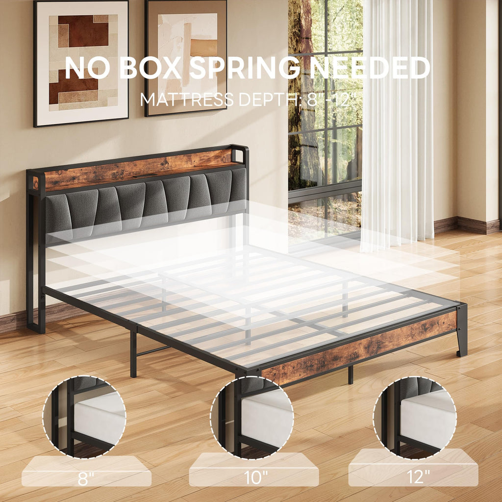 Queen Size Bed Frame with Storage Headboard and Charging Station F440066