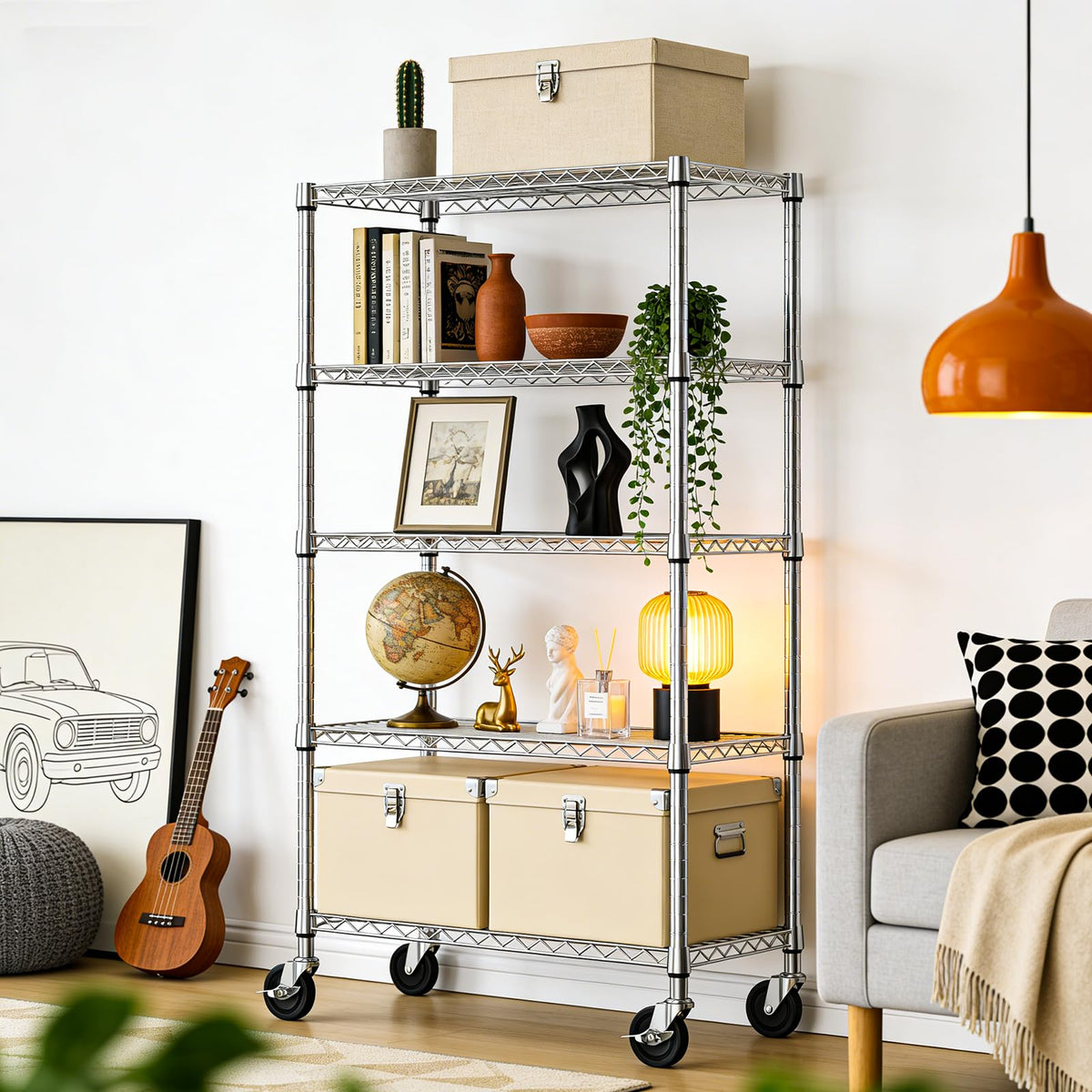 5-Tier Adjustable Steel Wire Shelving Unit with Wheels R889
