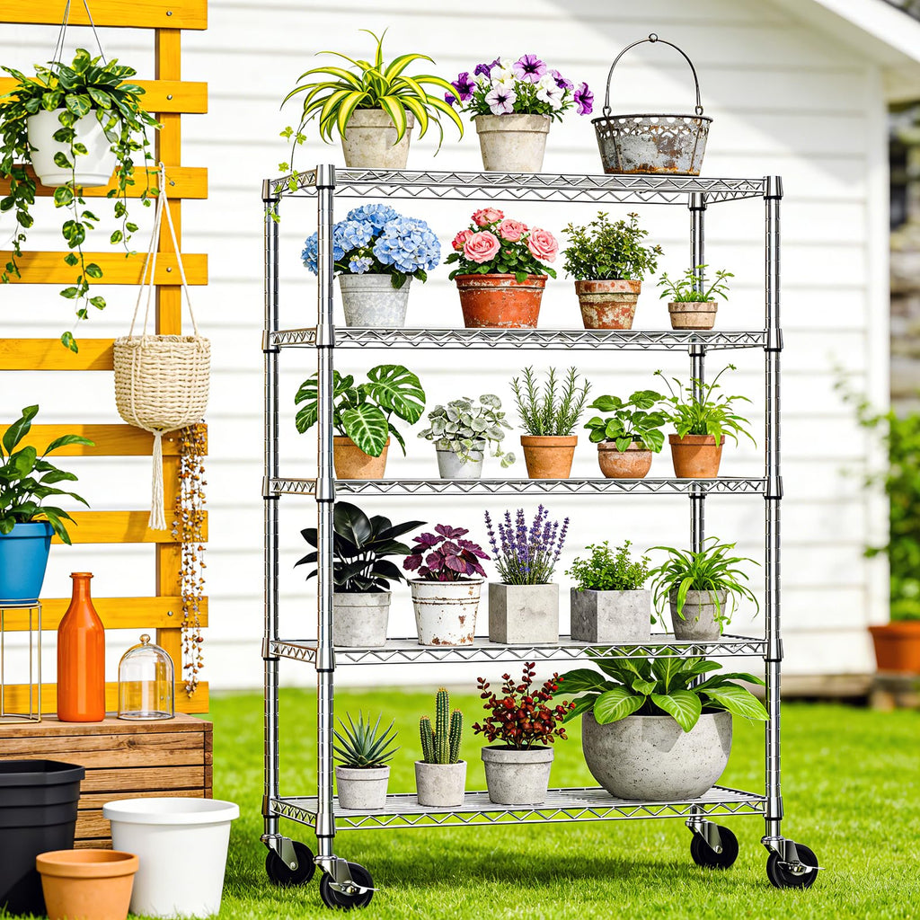 5-Tier Adjustable Steel Wire Shelving Unit with Wheels R889
