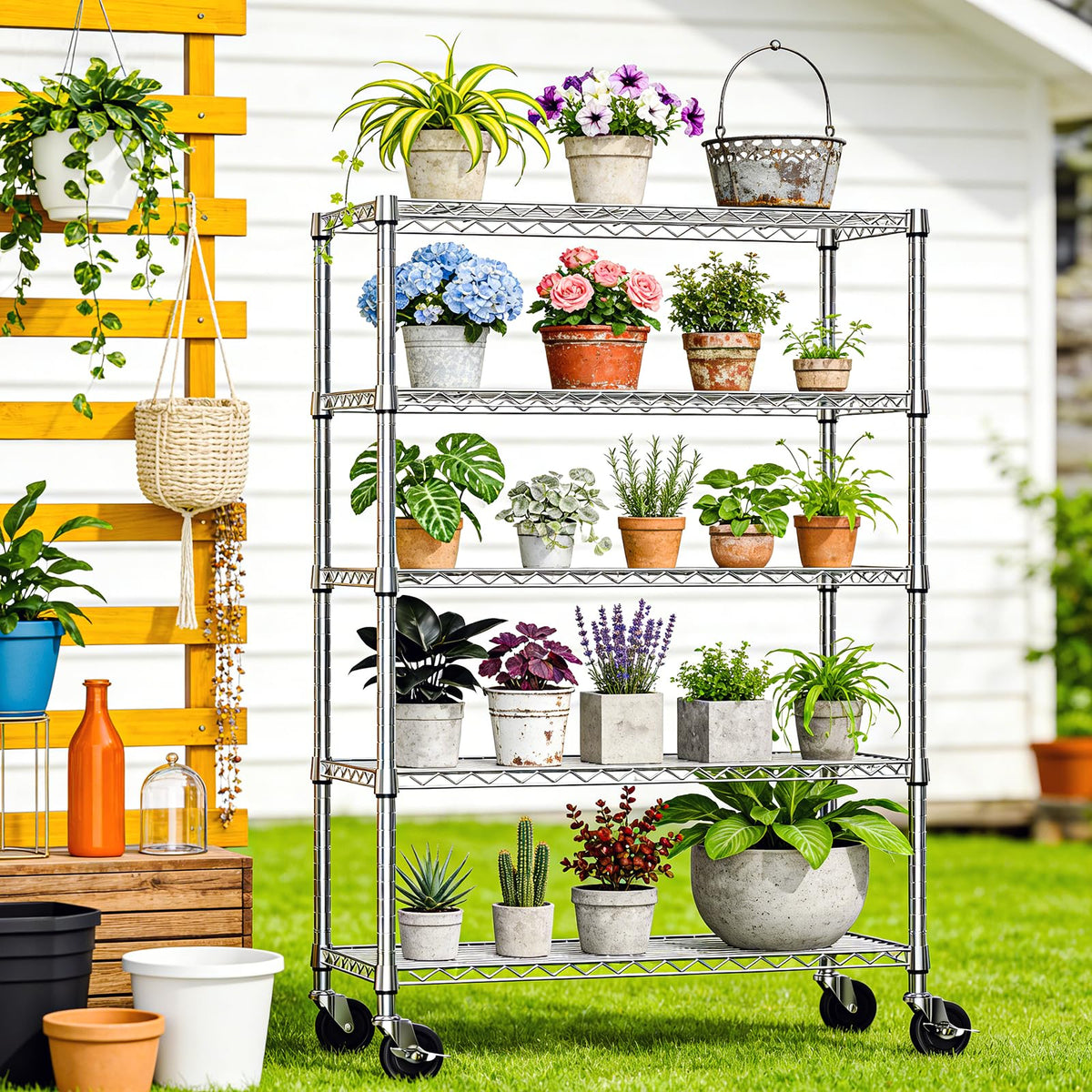 5-Tier Adjustable Steel Wire Shelving Unit with Wheels R889