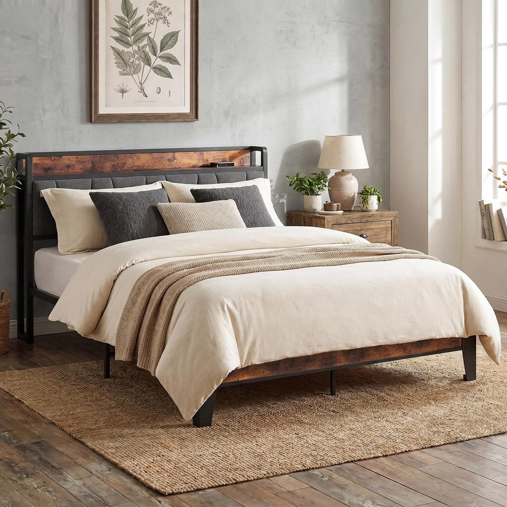 Queen Size Bed Frame with Storage Headboard and Charging Station F440066