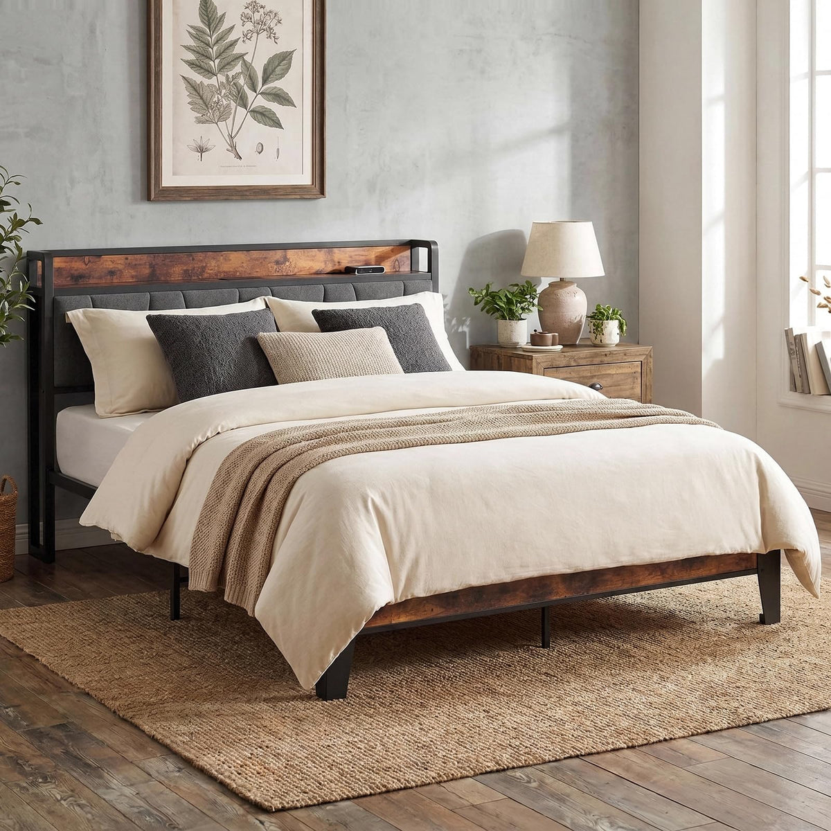 Queen Size Bed Frame with Storage Headboard and Charging Station F440066