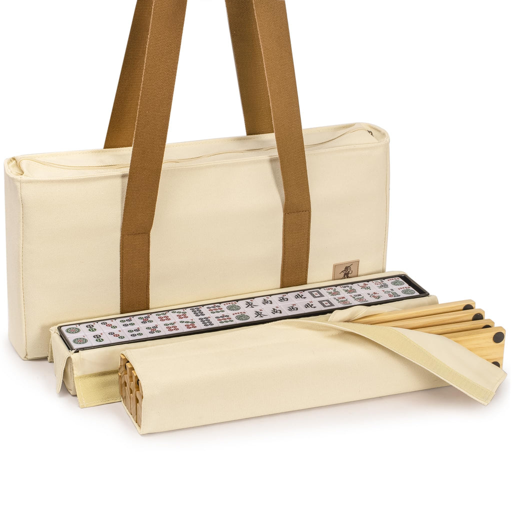 166 Tiles Mahjong Set with Wooden Racks & Pushers, Dice, and Soft Beige Case O9885