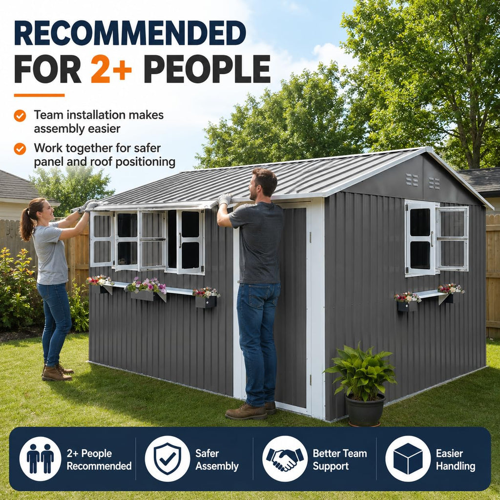 12x10 FT Grey Metal Storage Shed with Clear Windows E289