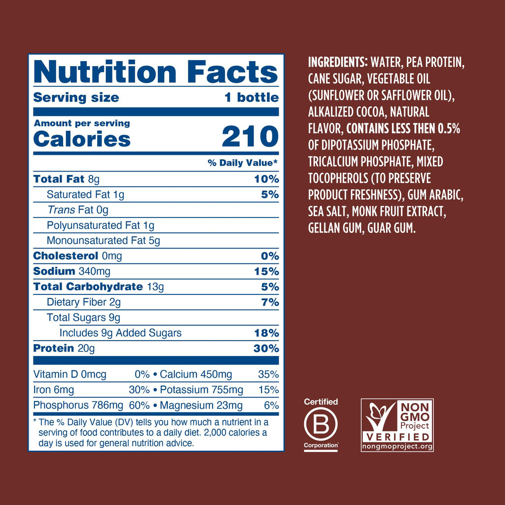 Chocolate Plant Based Protein Shake 20g Pea Protein Vegan Non GMO 12 Fl Oz Bottles Pack of 12 W665