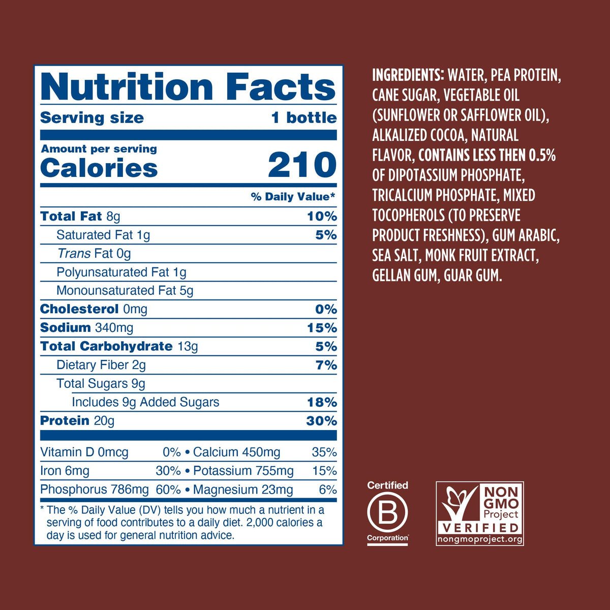 Chocolate Plant Based Protein Shake 20g Pea Protein Vegan Non GMO 12 Fl Oz Bottles Pack of 12 W665