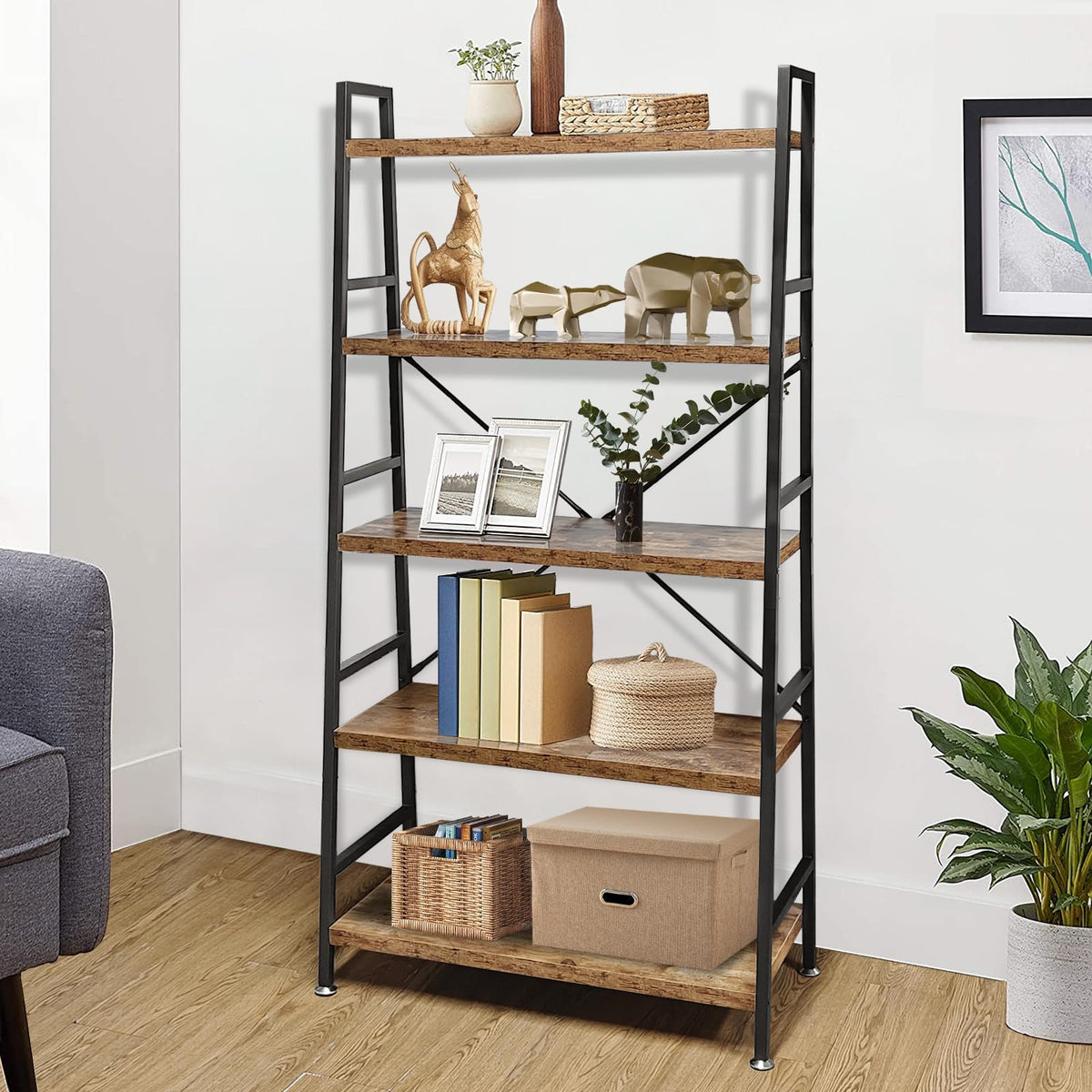 5 Tier Rustic Brown Wood and Metal Bookshelf P105928
