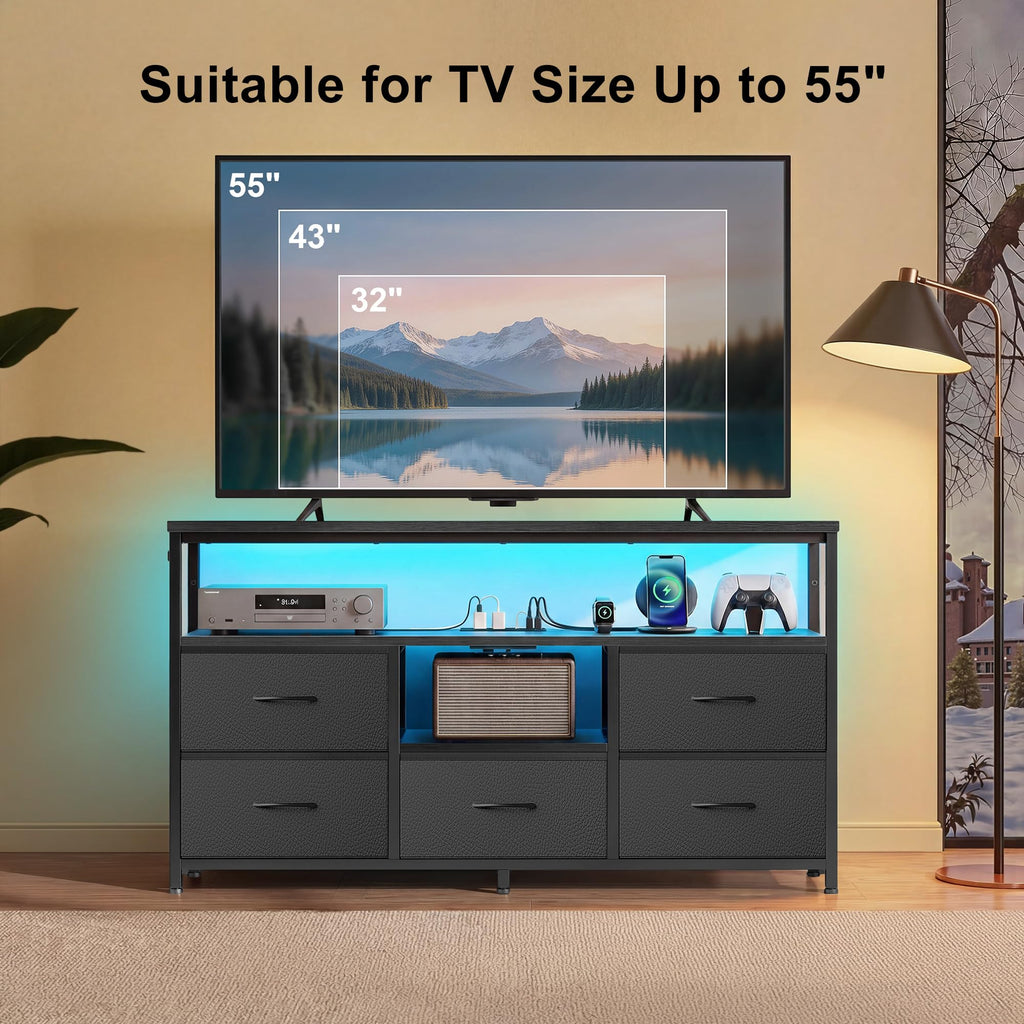 Black 5 Fabric Drawer Dresser TV Stand with LED Lights D315478