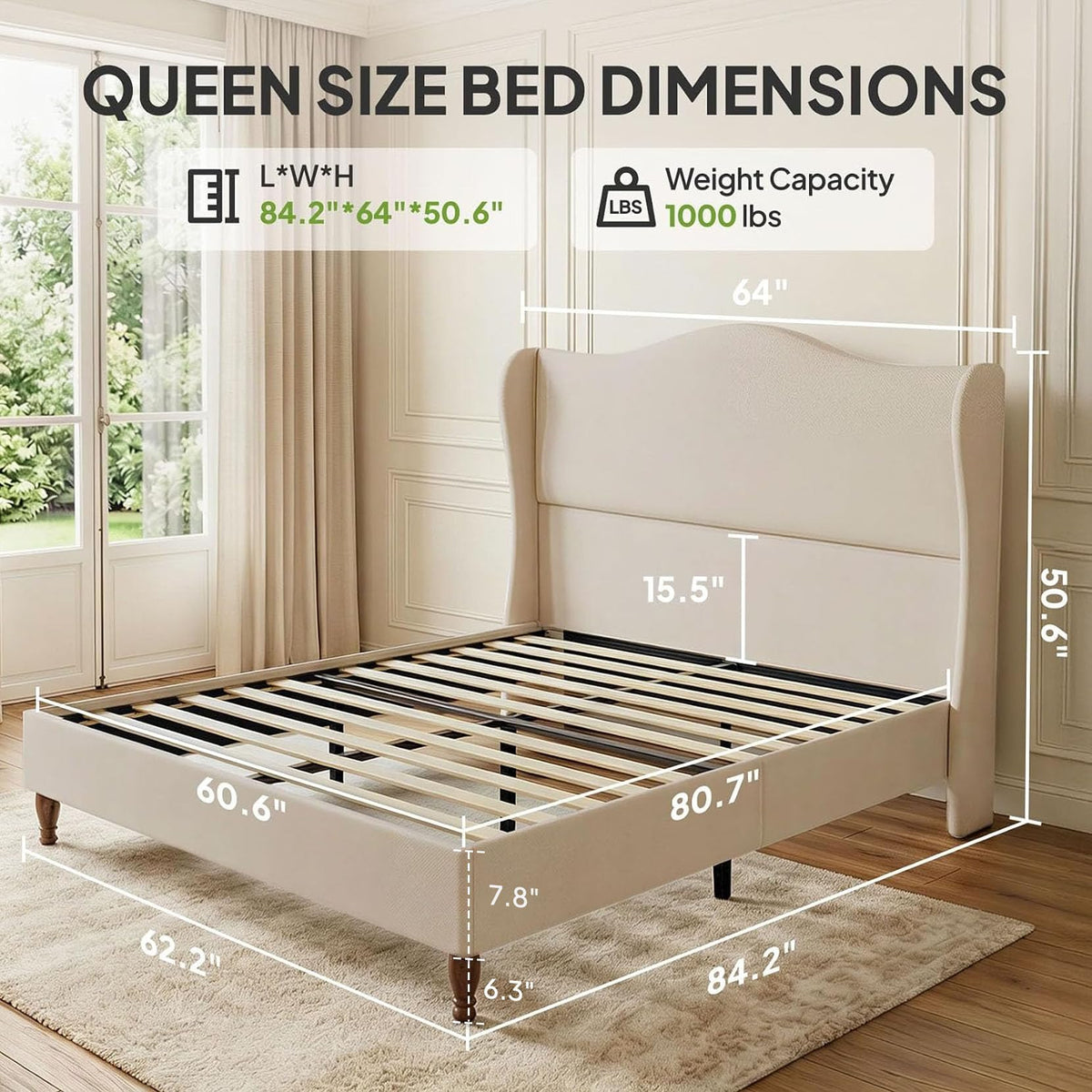 Queen Size Fabric Upholstered Platform Bed with Wooden Slats M737328