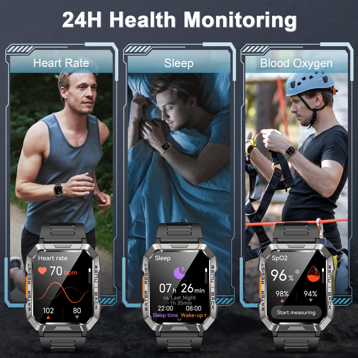 Smart Watch with Flashlight Compass Heart Rate SpO2 Sleep Monitor 2 Straps D3603