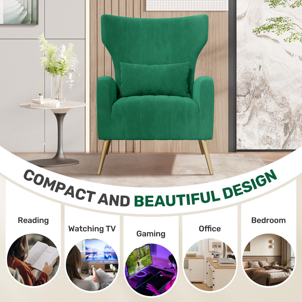 Velvet Accent Chairs Set of 2 High Back Armchair with Lumbar Pillow Green V50211