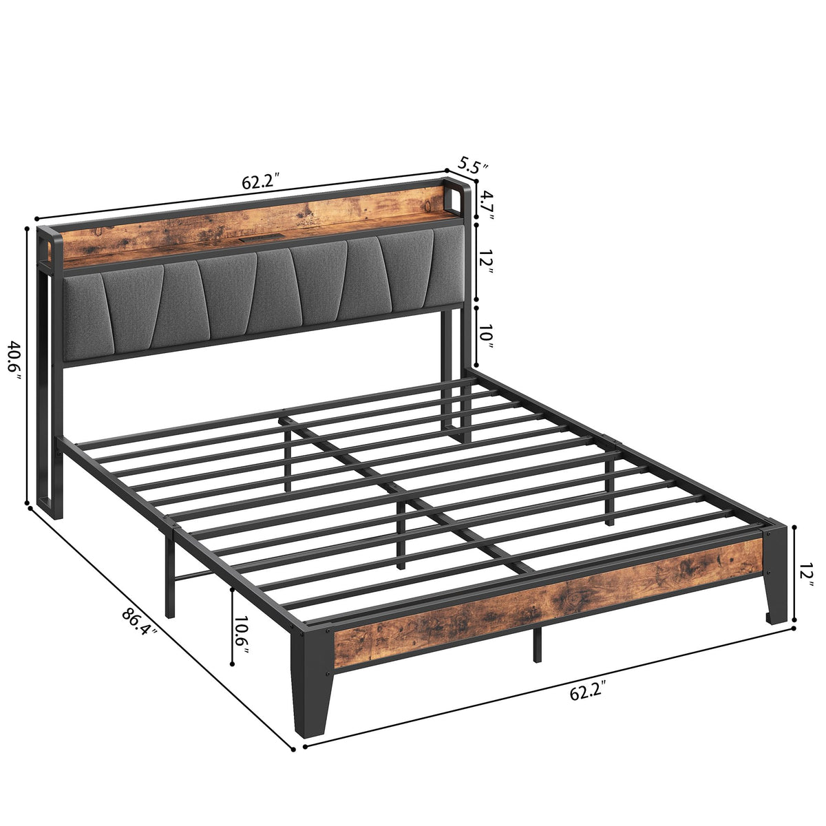 Queen Size Bed Frame with Storage Headboard and Charging Station F440066