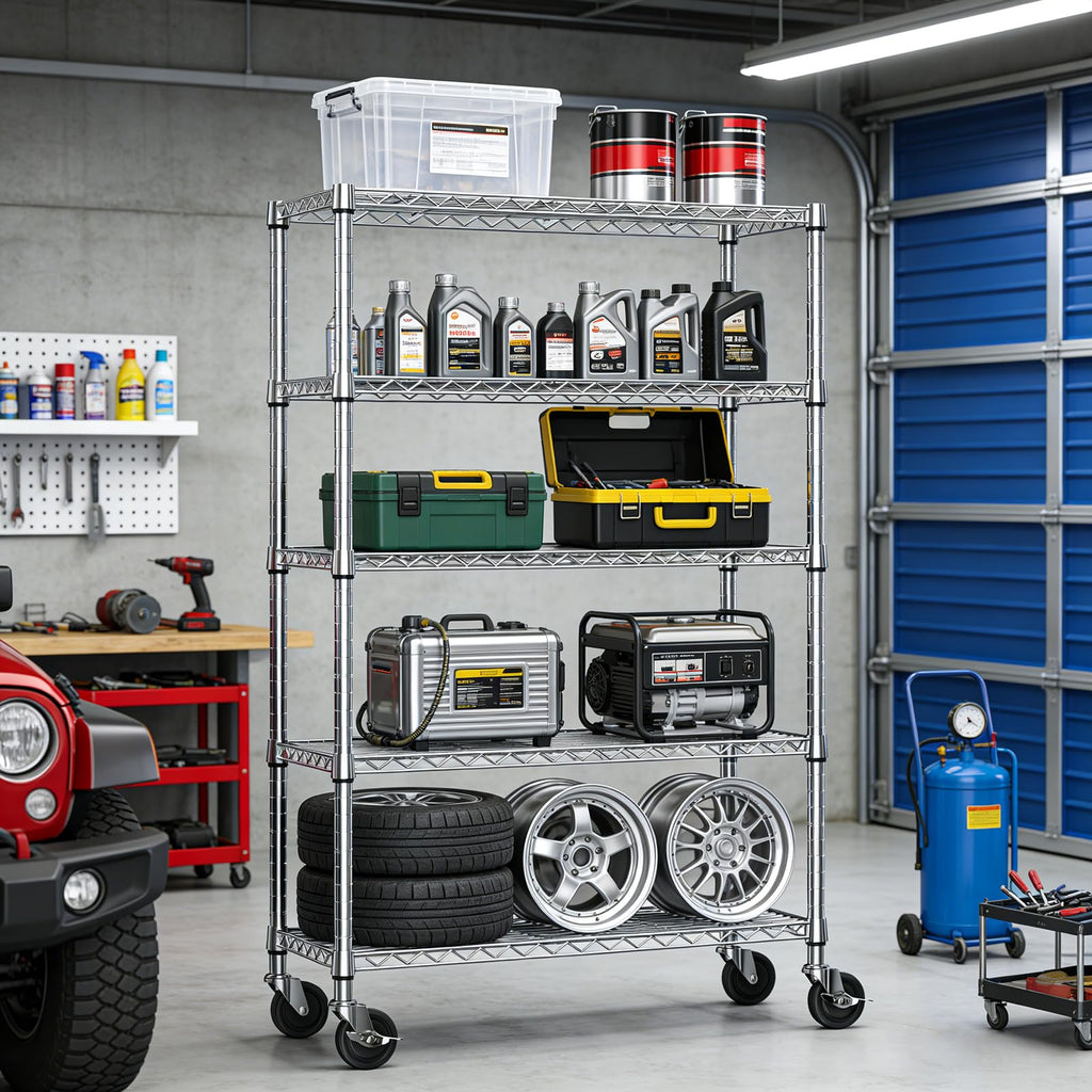 5-Tier Adjustable Steel Wire Shelving Unit with Wheels R889