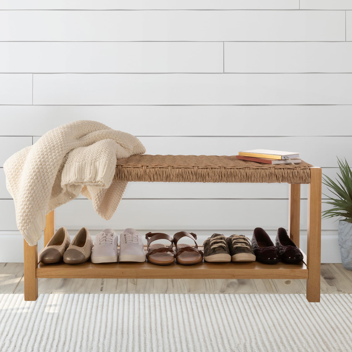 Solid Wood Entryway Bench with Shoe Storage V648798