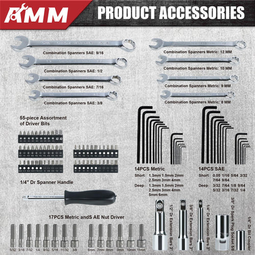 1/4 in, 3/8 in and 1/2 in Drive 202 Piece Mechanics Tool Set T909