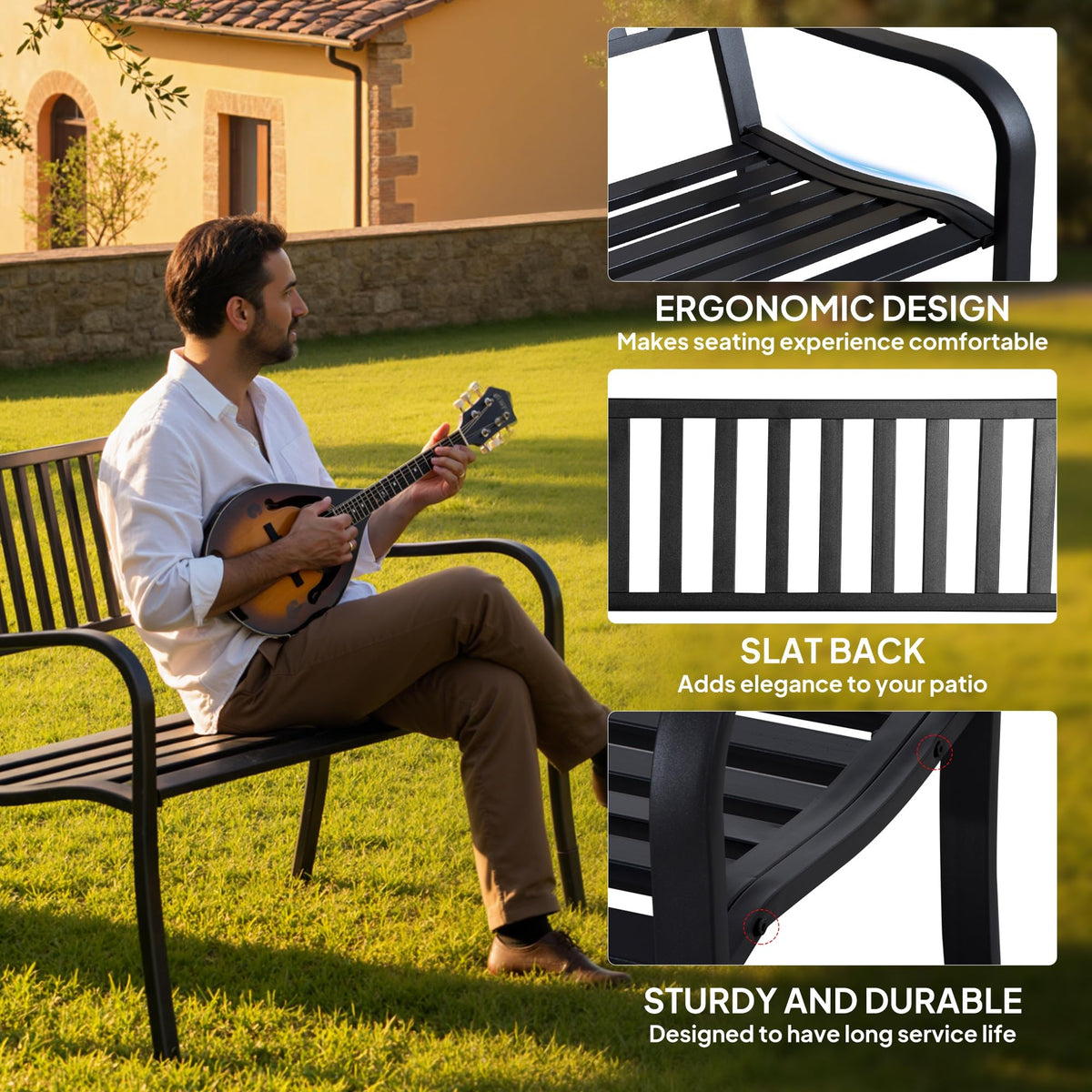 50" Outdoor Garden Bench with Slatted Seat Metal Black L219083
