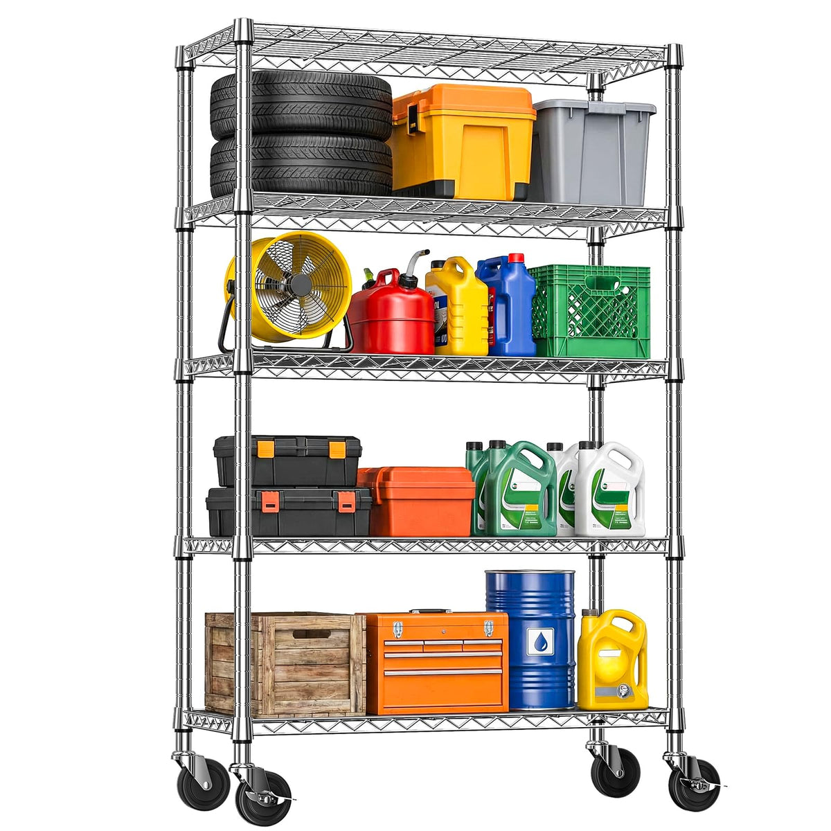 5-Tier Adjustable Steel Wire Shelving Unit with Wheels R889