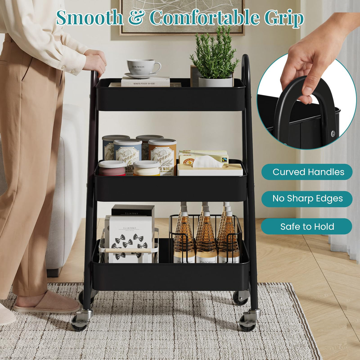 3-Tier Metal Rolling Utility Cart with Lockable Wheels T885