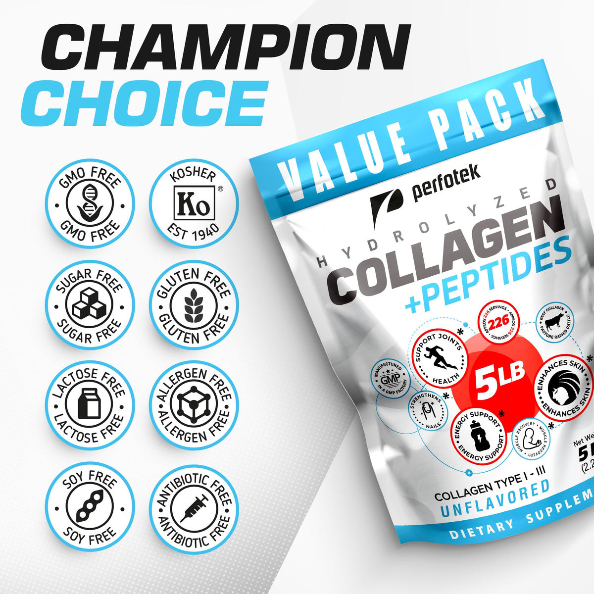 Collagen Powder 5Lb Types I & III Unflavored Hydrolyzed Protein Peptides S686518
