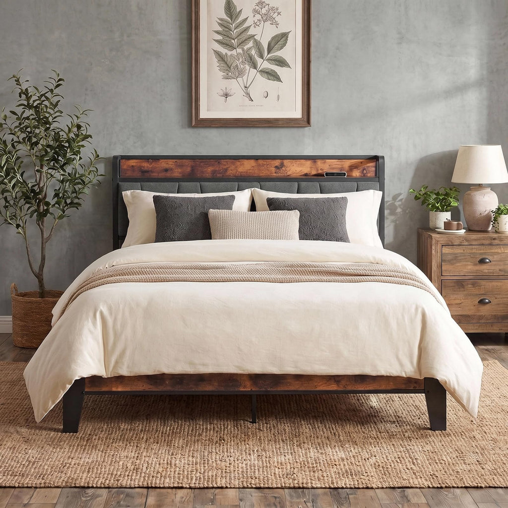 Queen Size Bed Frame with Storage Headboard and Charging Station F440066