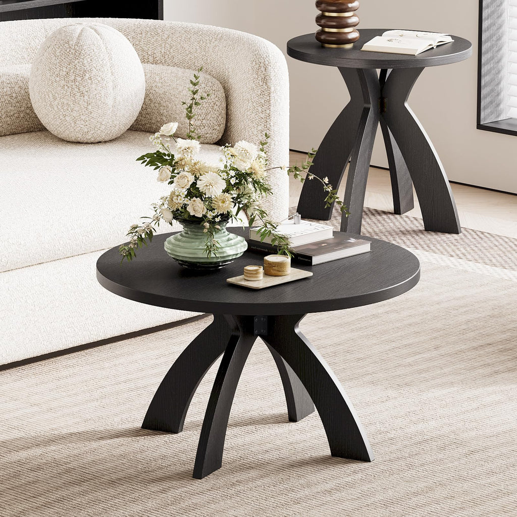 31.5" Round Wood Coffee Table with Cross Legs, Black L60212