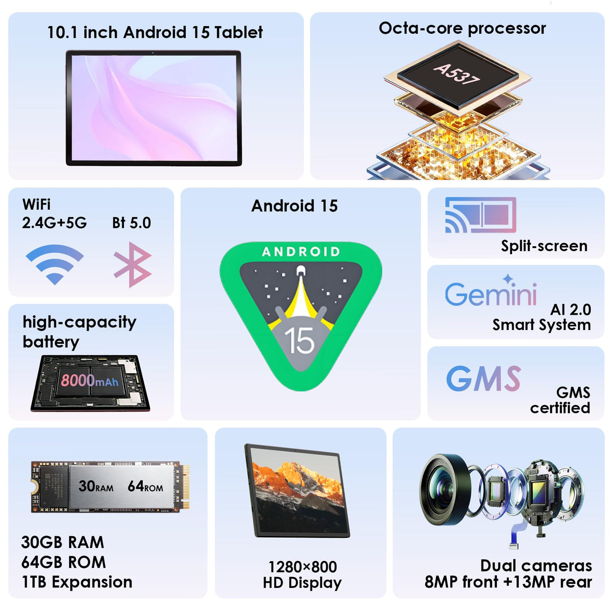 10.1 inch Android 15 Tablet with Drop-proof Case Blue H3933