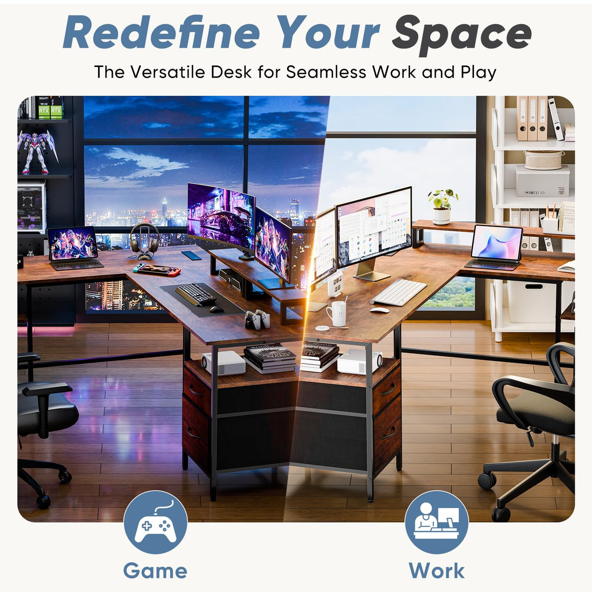 62 Inch L Shaped Computer Desk with Charging Station M84913