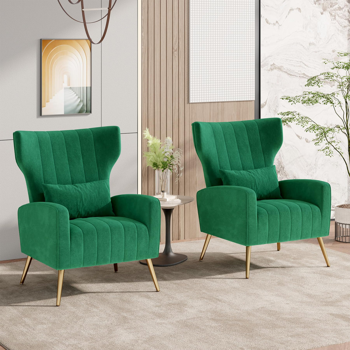 Velvet Accent Chairs Set of 2 High Back Armchair with Lumbar Pillow Green V50211