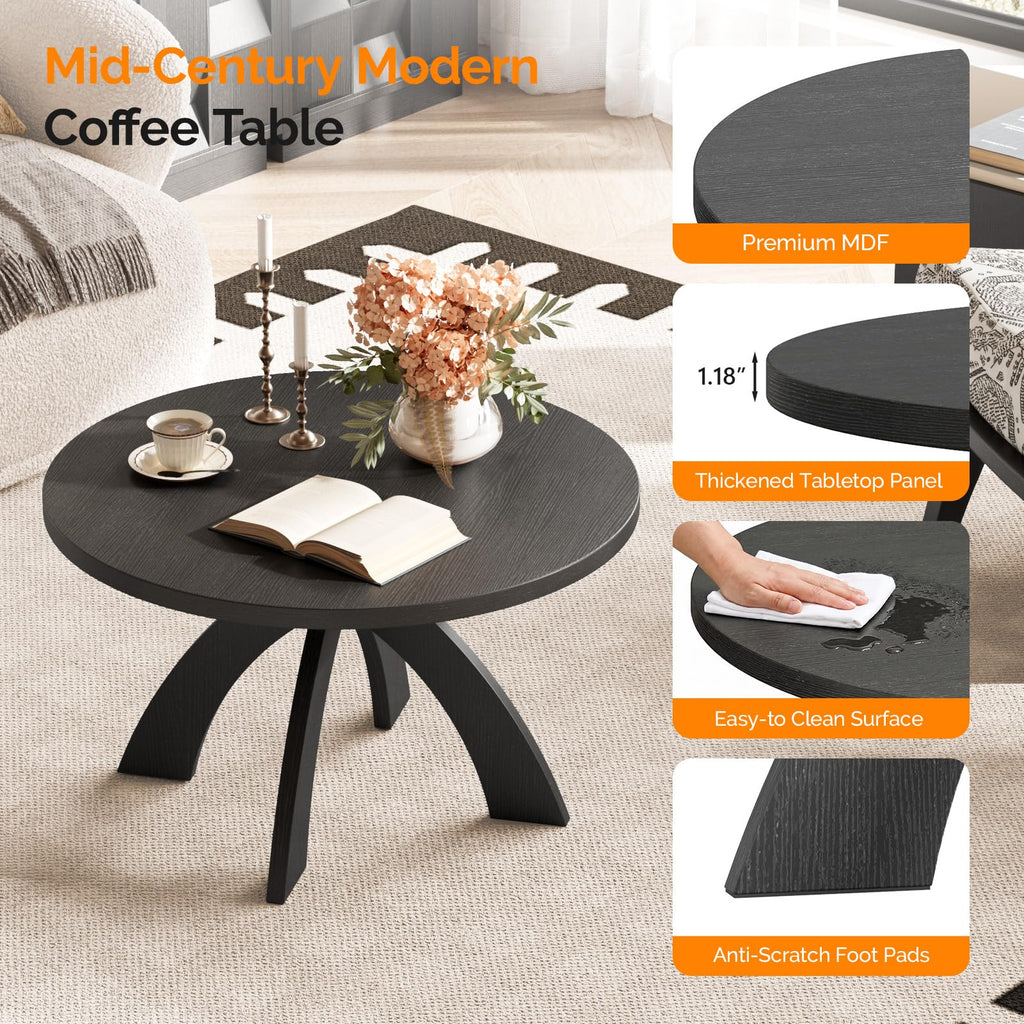 31.5" Round Wood Coffee Table with Cross Legs, Black L60212