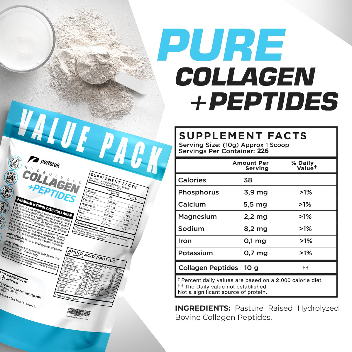 Collagen Powder 5Lb Types I & III Unflavored Hydrolyzed Protein Peptides S686518