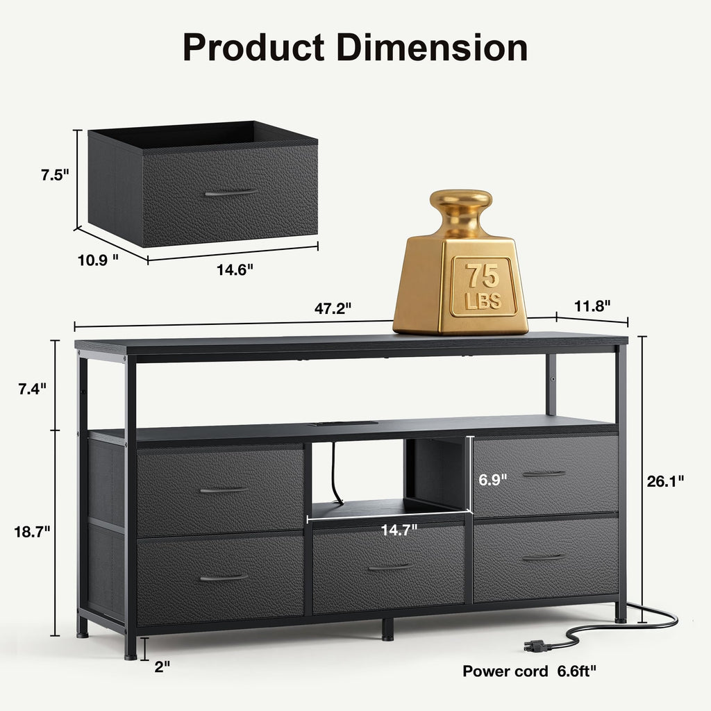 Black 5 Fabric Drawer Dresser TV Stand with LED Lights D315478