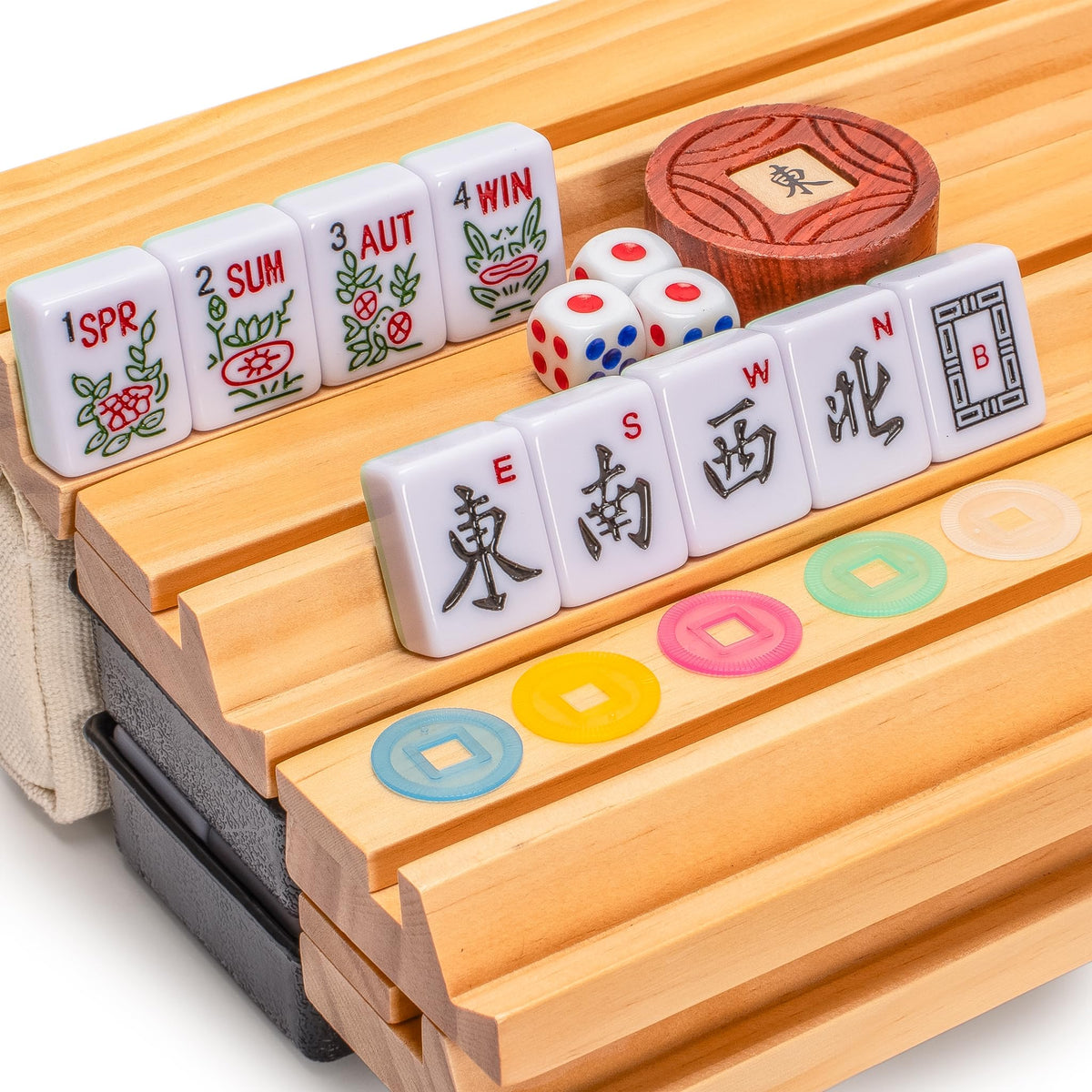 166 Tiles Mahjong Set with Wooden Racks & Pushers, Dice, and Soft Beige Case O9885