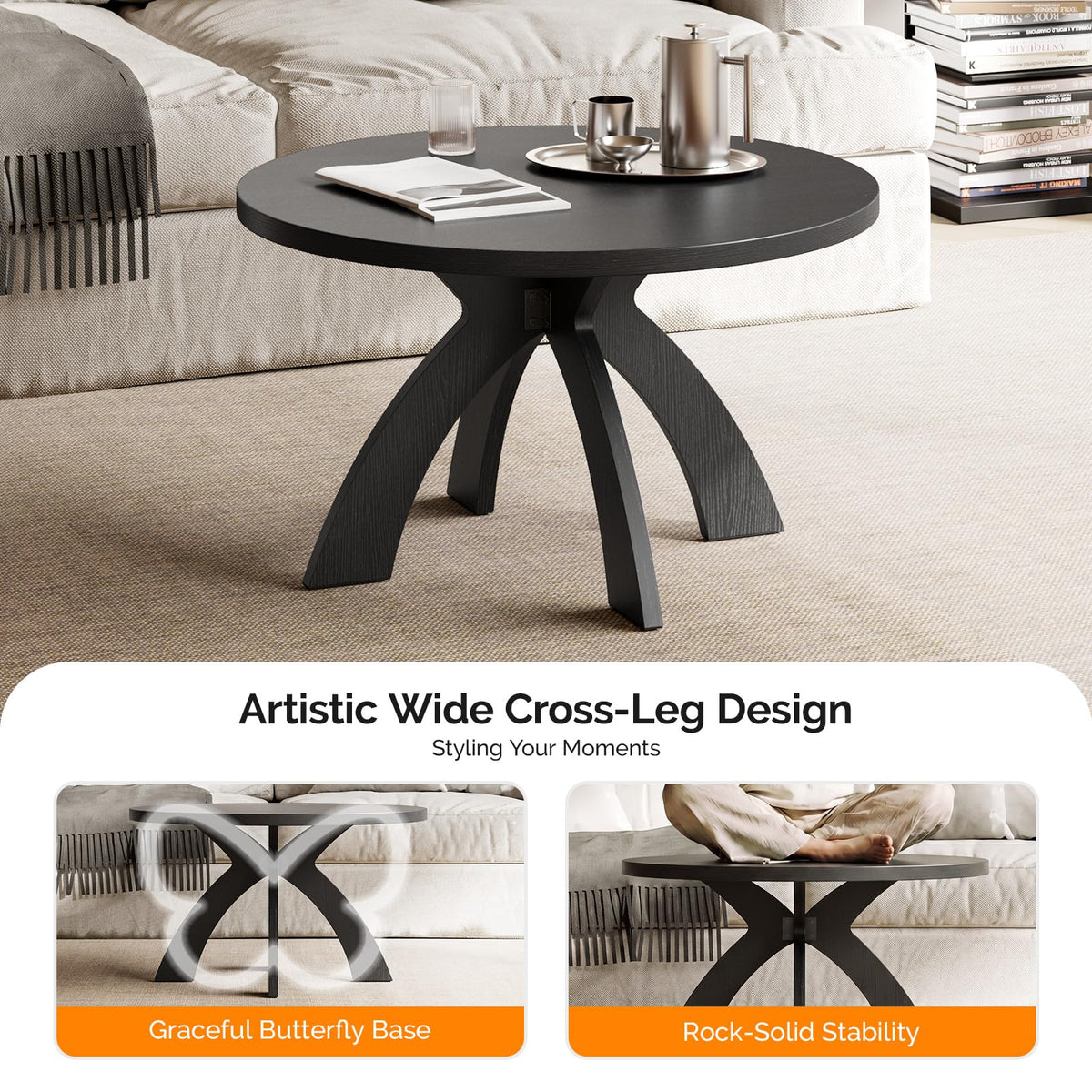 31.5" Round Wood Coffee Table with Cross Legs, Black L60212
