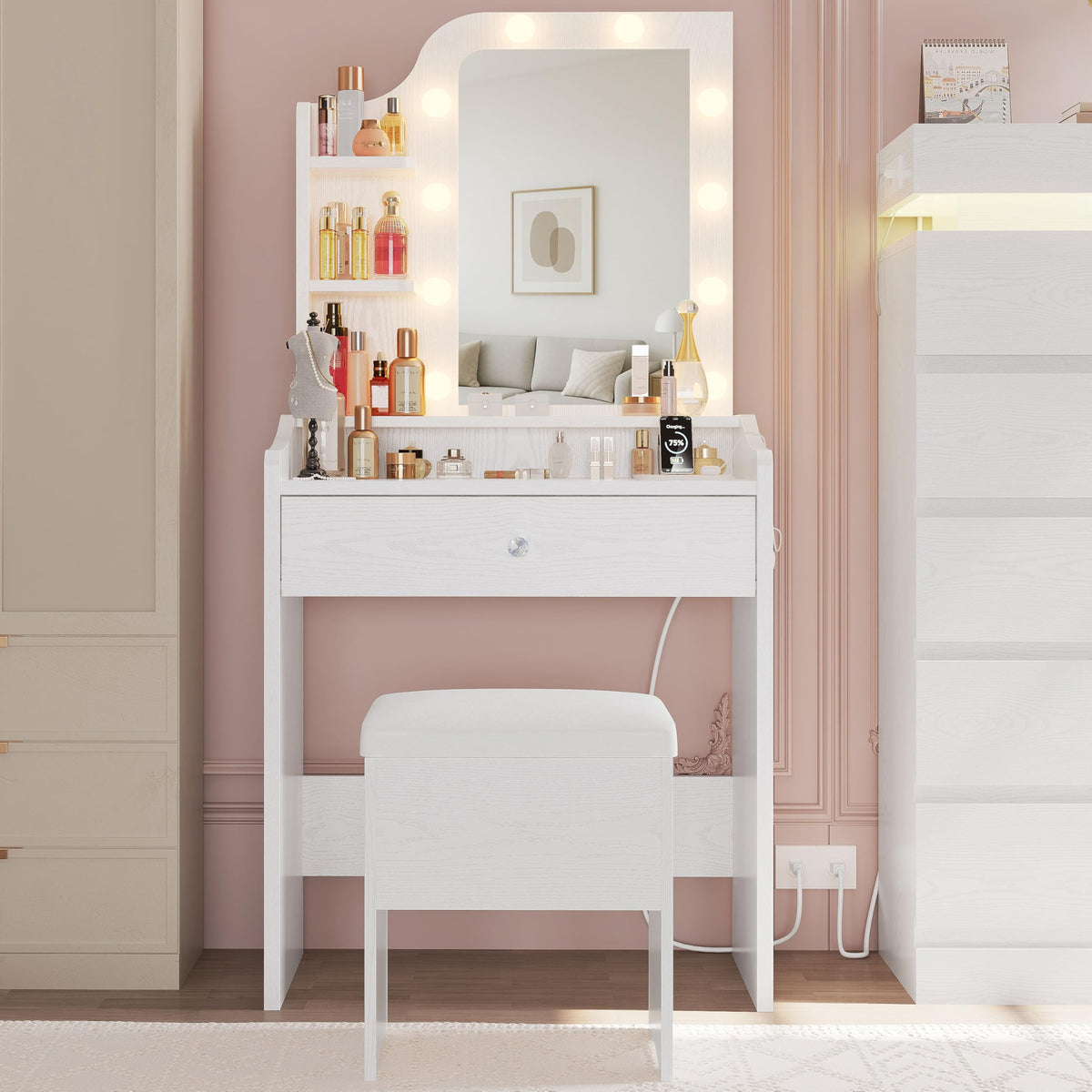 White Vanity Desk with Mirror and Storage Stool A8924
