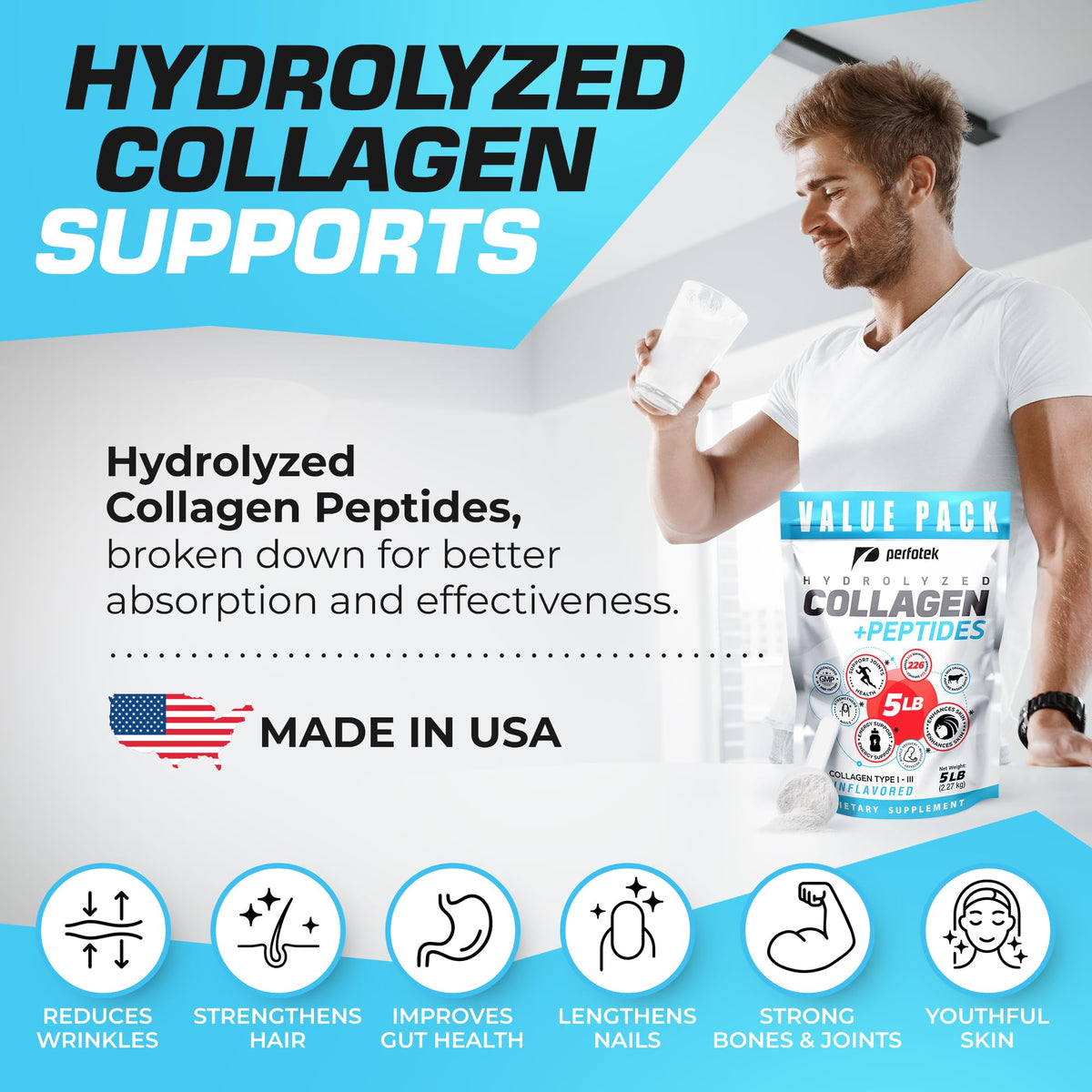 Collagen Powder 5Lb Types I & III Unflavored Hydrolyzed Protein Peptides S686518