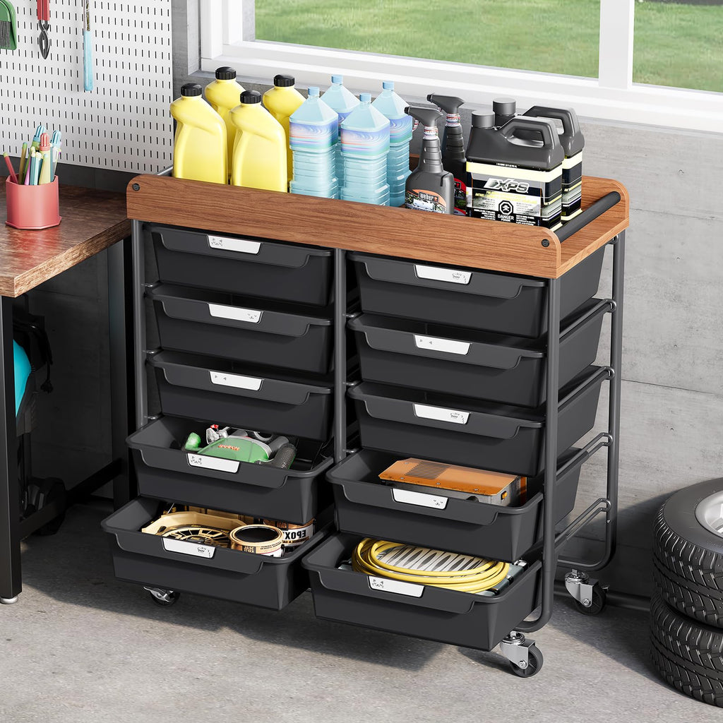 10 Drawer Rolling Storage Cart with Wooden Tabletop I299772