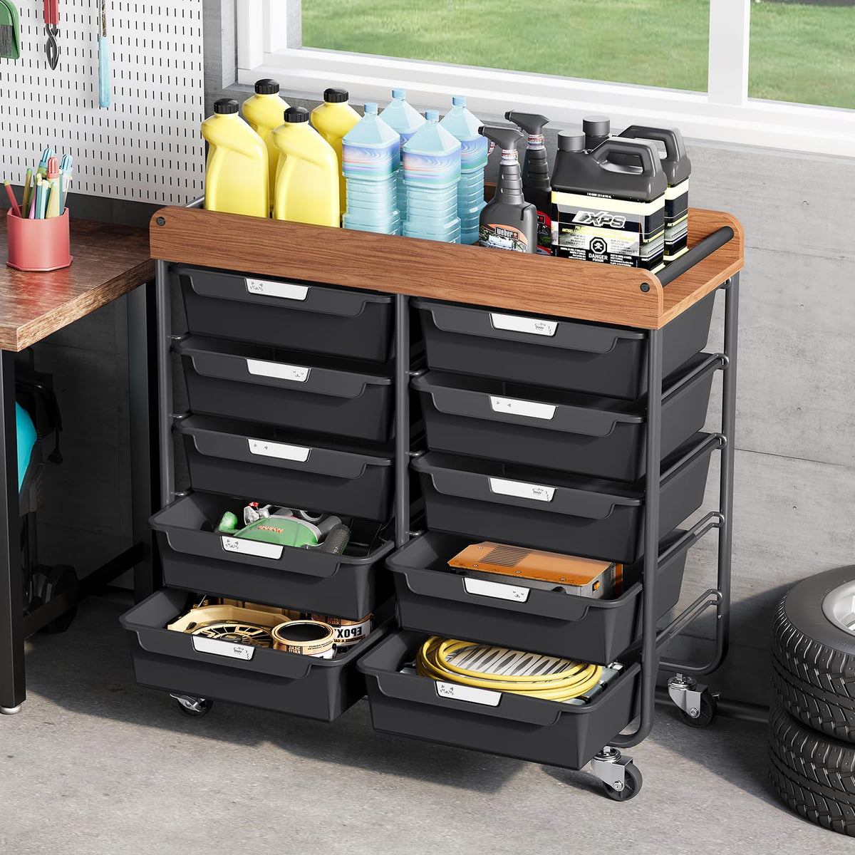 10 Drawer Rolling Storage Cart with Wooden Tabletop I299772