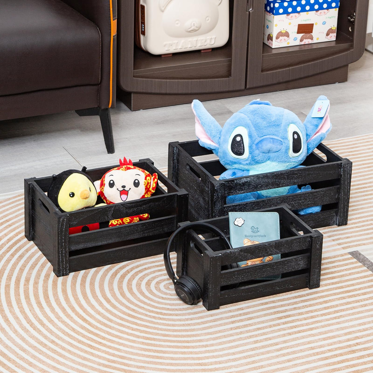 Set of 3 Nesting Wooden Crates with Handles U594167