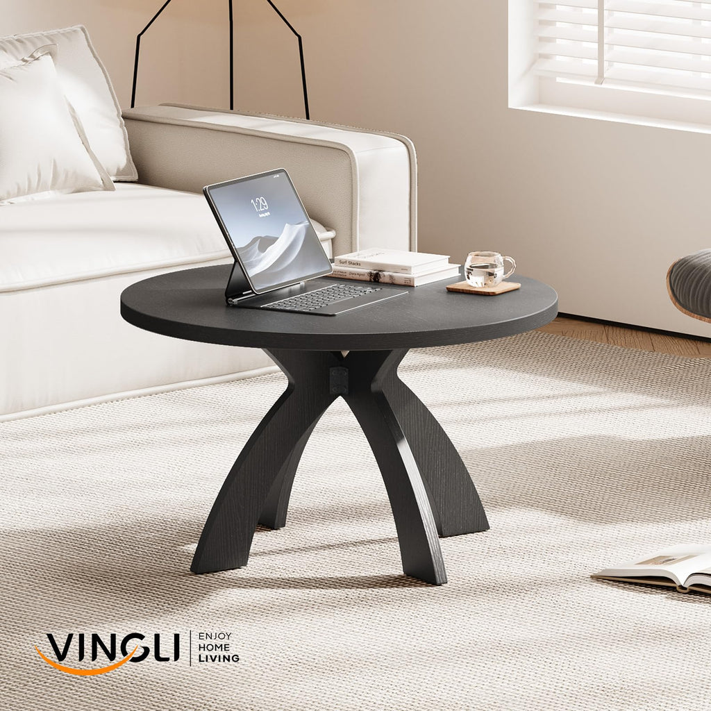 31.5" Round Wood Coffee Table with Cross Legs, Black L60212