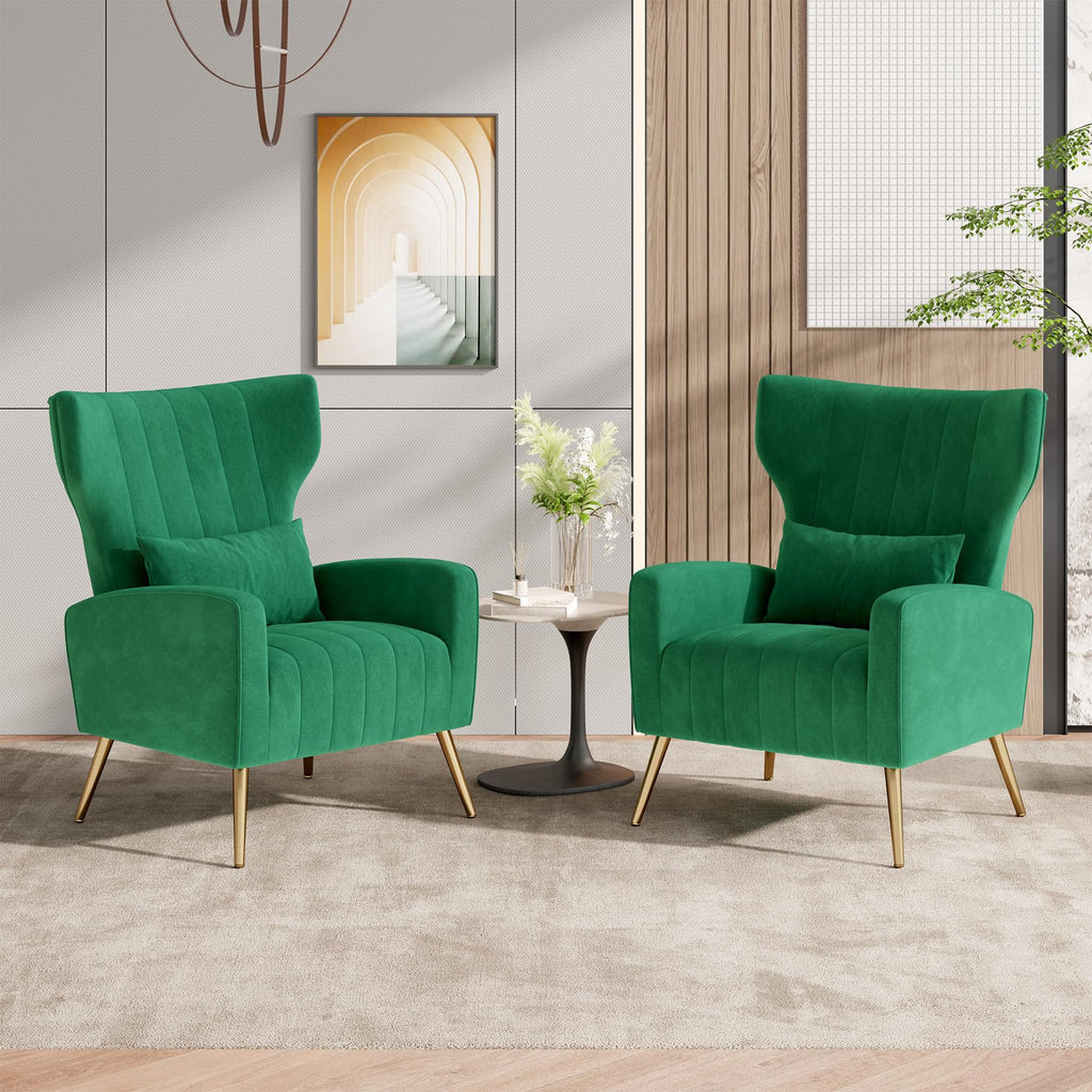 Velvet Accent Chairs Set of 2 High Back Armchair with Lumbar Pillow Green V50211