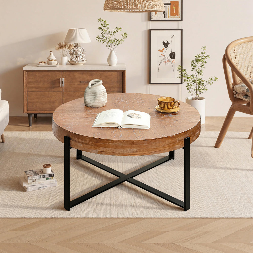Round Coffee Table with Black Cross Legs Base H423558