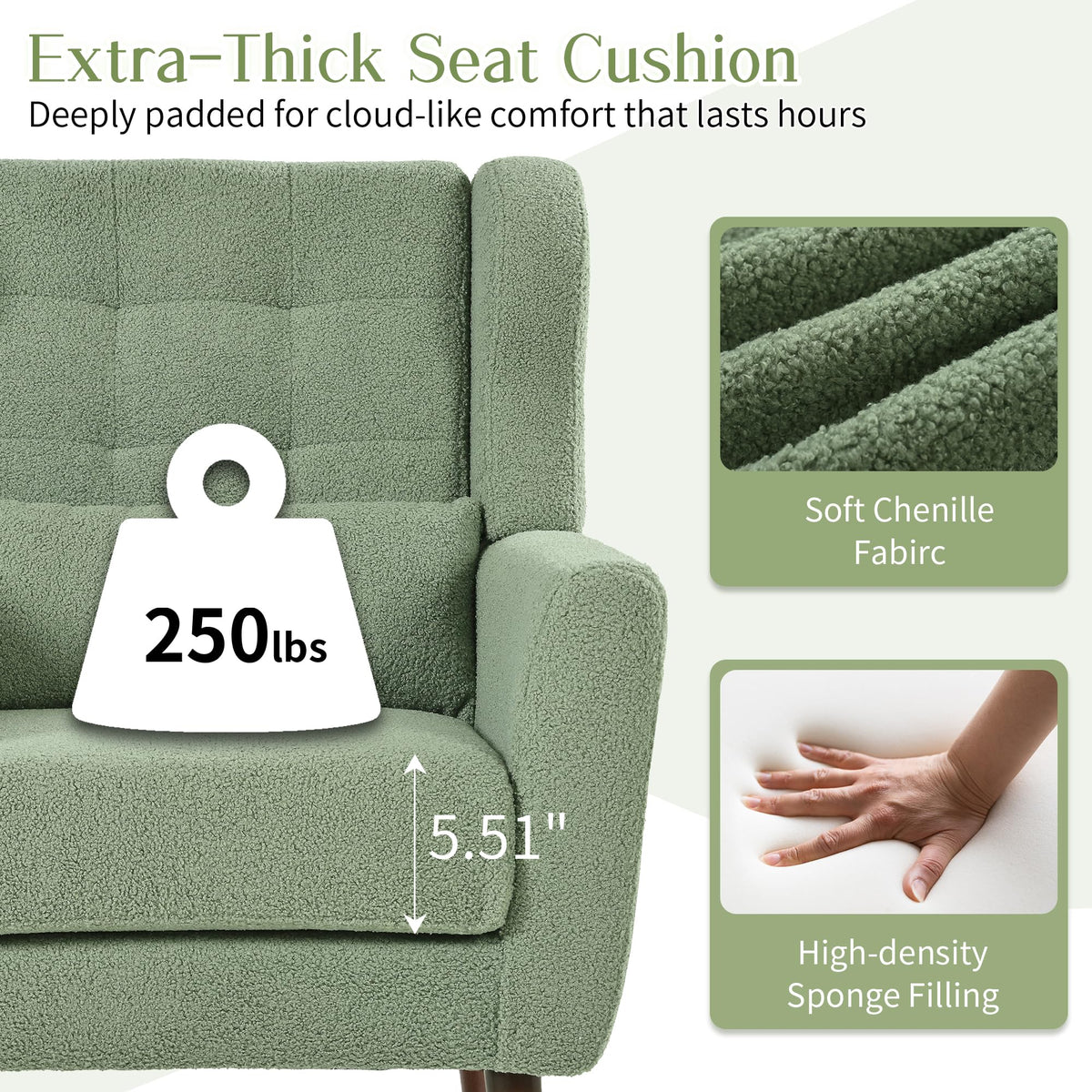 Green Teddy Upholstered Armchair Set of 2 with Lumbar Pillow E5506