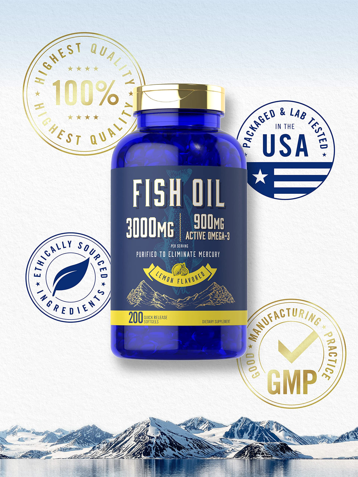 Fish Oil 3000mg 900mg Omega 3 200 Softgels Lemon Flavor K907306