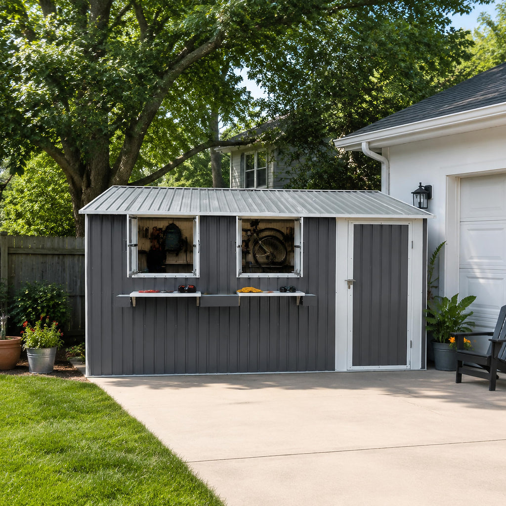 12x10 FT Grey Metal Storage Shed with Clear Windows E289
