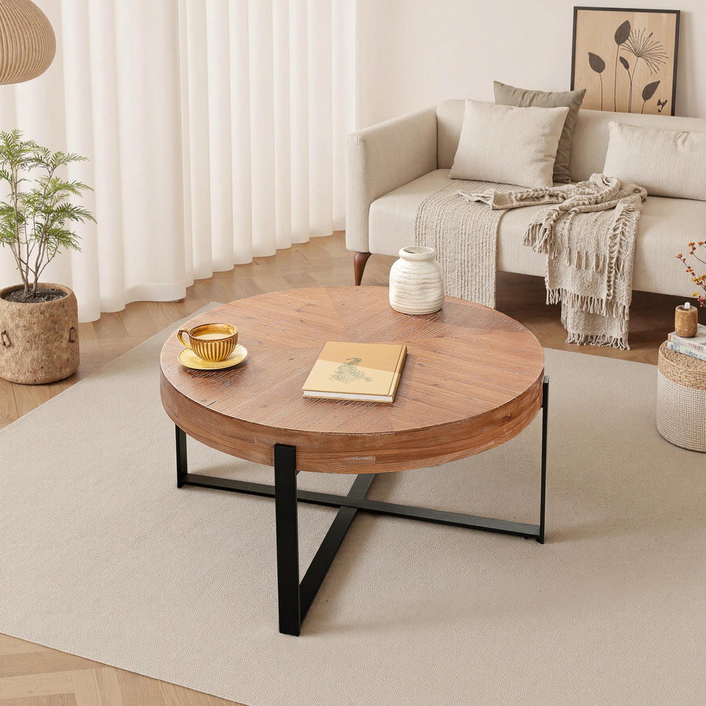 Round Coffee Table with Black Cross Legs Base H423558