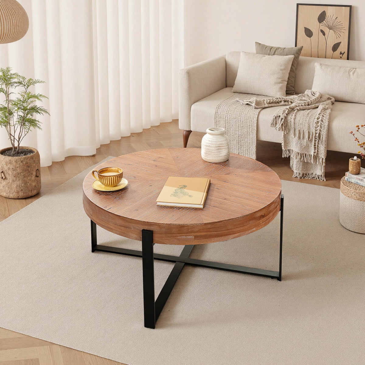 Round Coffee Table with Black Cross Legs Base H423558