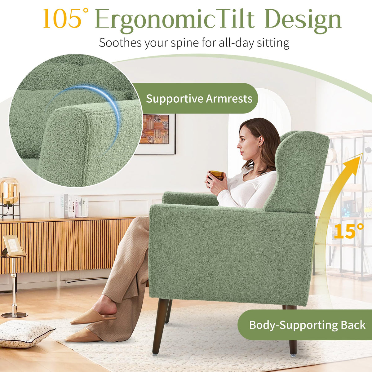 Green Teddy Upholstered Armchair Set of 2 with Lumbar Pillow E5506