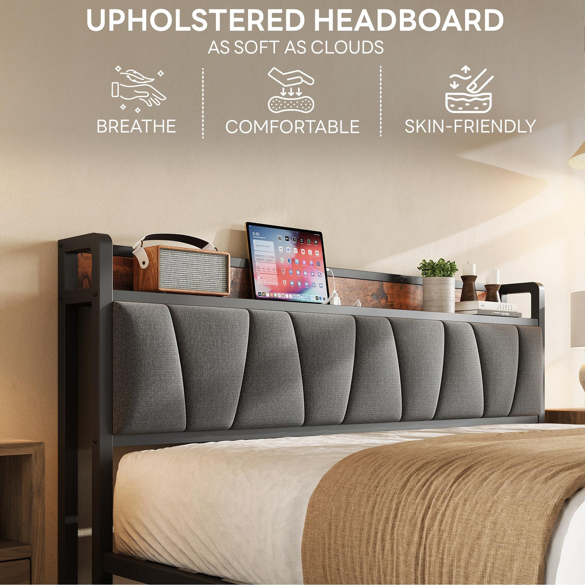 Queen Size Bed Frame with Storage Headboard and Charging Station F440066