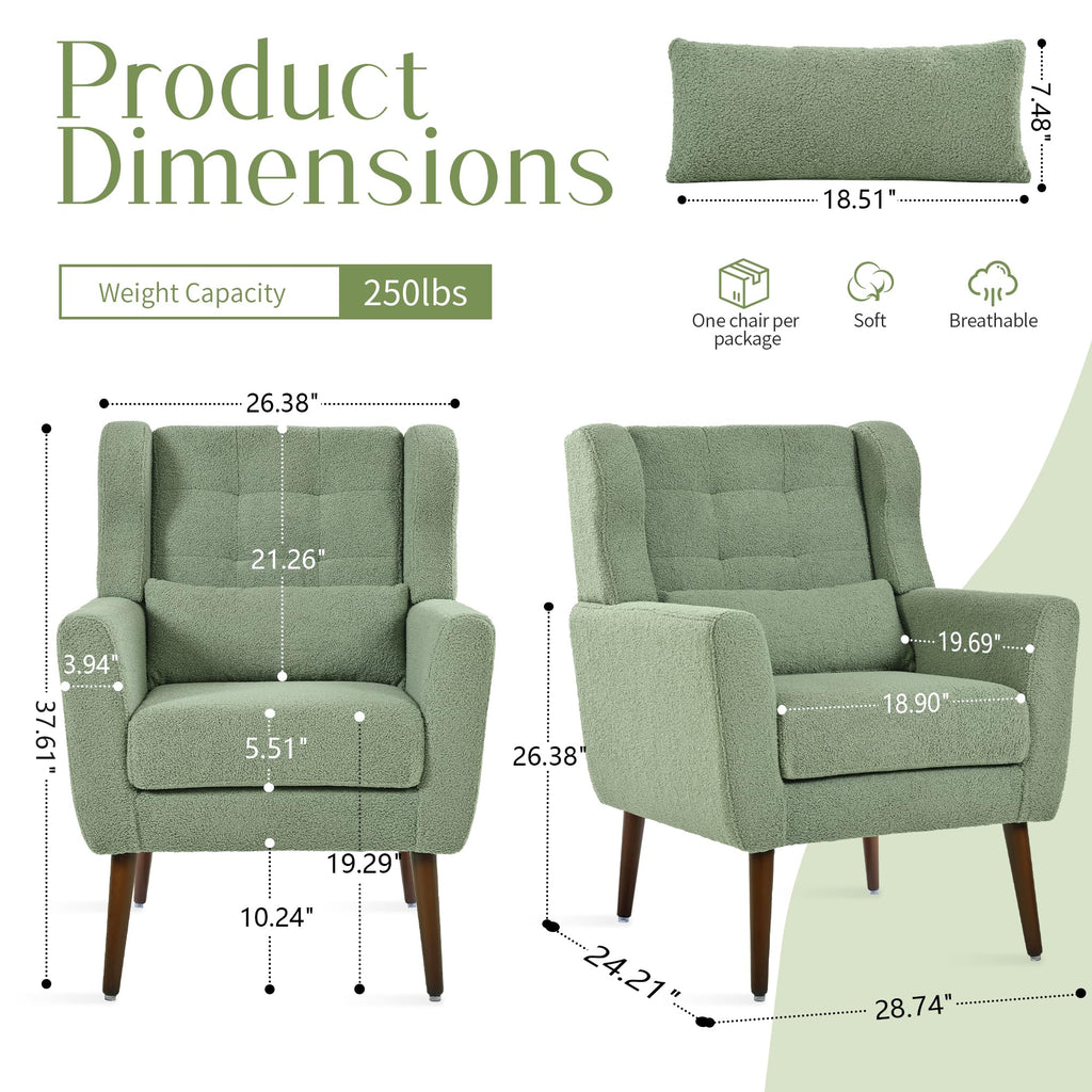 Green Teddy Upholstered Armchair Set of 2 with Lumbar Pillow E5506