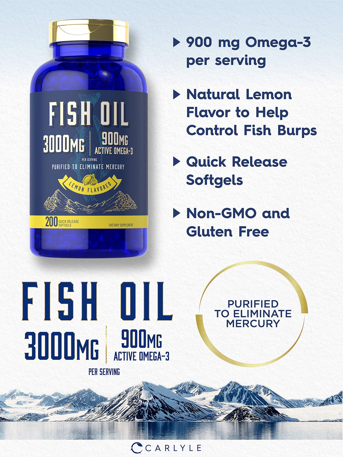 Fish Oil 3000mg 900mg Omega 3 200 Softgels Lemon Flavor K907306